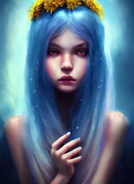 Image similar to a gorgeous flower princess portrait by WLOP, emerald yellow eyes, blue hair, digital painting, beautiful lighting, ominous, cgsociety