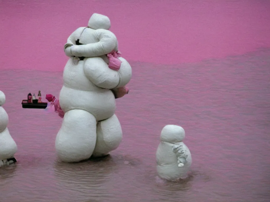 Prompt: 3 5 mm kodachrome colour photography of michelin man and stay - puft marshmallow man dancing in a pink lake, taken by harry gruyaert