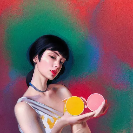 Image similar to A ultradetailed beautiful portrait panting of a stylish woman, she is holding a bunch of colorful pills in her hand, overhead shot, Oil painting, by Ilya Kuvshinov, Greg Rutkowski and Makoto Shinkai