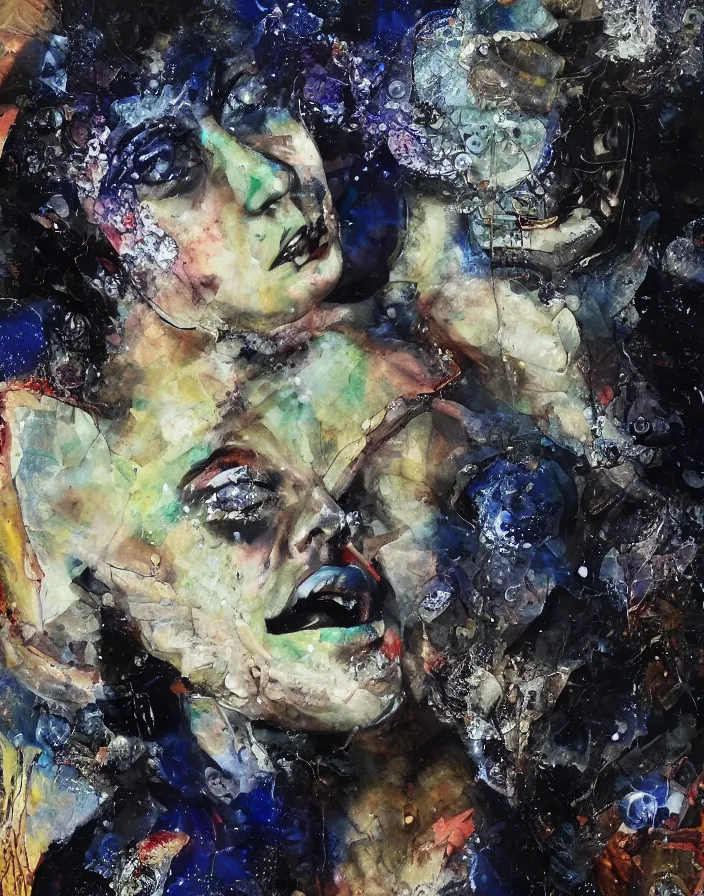 Prompt: celestial midnight orgasm of sophisticated bodies detailed analogue mixed media collage with canvas texture in style of contemporary art, punk art, hyperrealistic beautiful face, photorealism, expressionism, masterpiece, perfect composition, spectacular quality, intricate oil details, broken glass