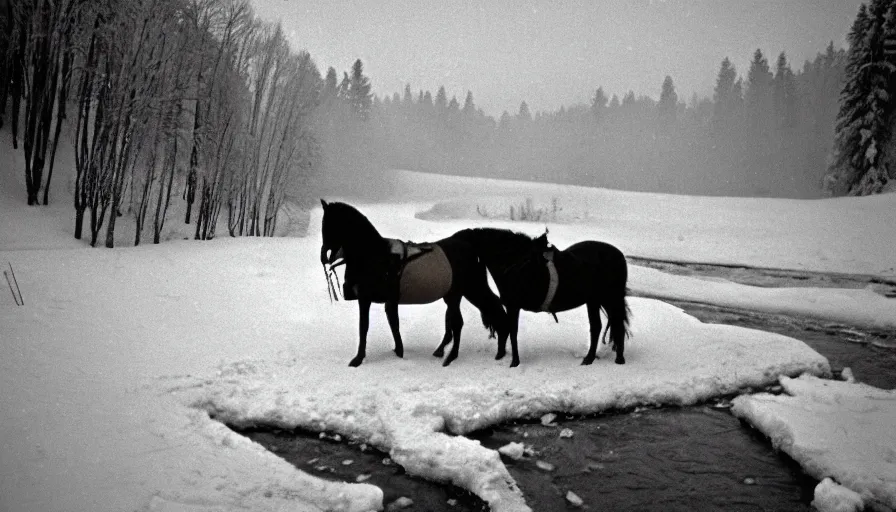 Prompt: 1 9 6 0 s movie still close up of marcus aurelius with his horse frozen to death under the snow by the side of a river with gravel, pine forests, cinestill 8 0 0 t 3 5 mm, high quality, heavy grain, high detail, texture, dramatic light, anamorphic, hyperrealistic, detailed hair, foggy