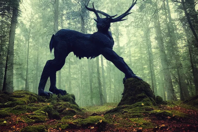 Prompt: mythological forest beast standing a swedish forest very low angle photograph trending on artstation