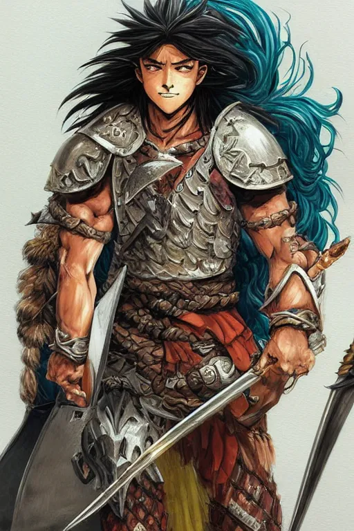 Image similar to A realistic anime portrait of a young handsome male barbarian with long wild hair, intricate fantasy spear, plated armor, vivid colors, colored, D&D, dungeons and dragons, tabletop role playing game, rpg, jrpg, digital painting, by Frank Frazetta and Yusuke Murata, concept art, highly detailed, promotional art, HD, digtial painting, trending on ArtStation, golden ratio, rule of thirds, SFW version