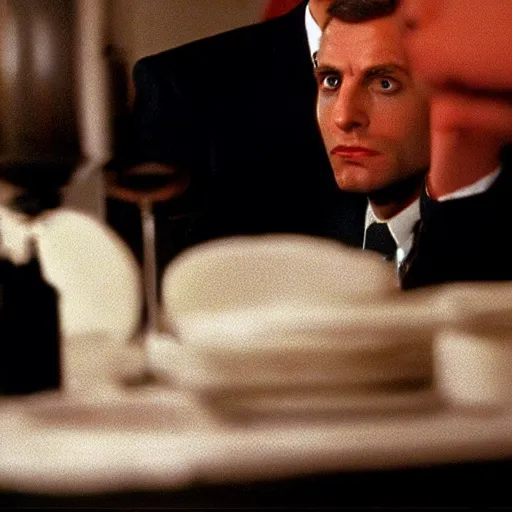 Prompt: fake Emmanuel Macron in American Psycho (1999)