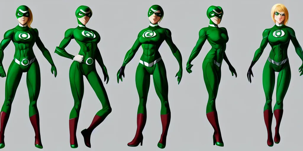 Image similar to full body exaggerated outfit, female green lantern character clean concepts by senior concept artist in the anime film, suit, powers, glowing, stronge, smooth, high detail, featured on artstation