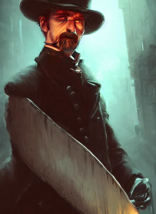 Image similar to highly detailed portrait of jack the ripper, realistic, horror, fantasy art by greg rutkowski, stanley artgerm, loish, rhads, tom bagshaw, global illumination, radiant light, detailed and intricate environment