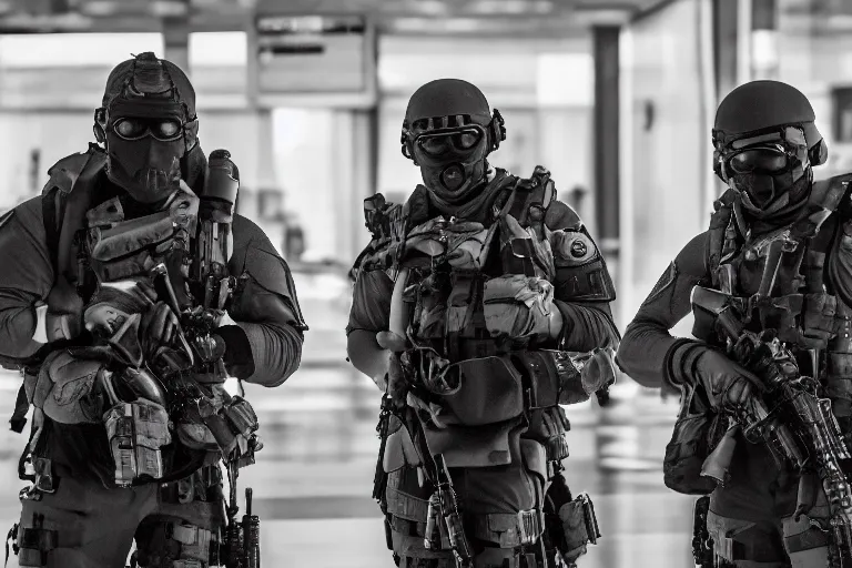 Image similar to Mercenary Special Forces soldiers in grey uniforms with black armored vest and black helmets fighting inside an airport in 2022, Canon EOS R3, f/1.4, ISO 200, 1/160s, 8K, RAW, unedited, symmetrical balance, in-frame, combat photography