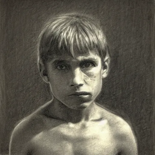 Prompt: portrait drawing of a homeless boy, charcoal, russian academicism, ilya repin, dark, moody, melancholic, hopeless expression