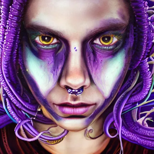 Prompt: detailed art portrait of a furious teen girl with thin, hair-like purple tentacles on her head and bright purple eyes, 8k,by tristan eaton, Stanley Artgermm,Tom Bagshaw,Greg Rutkowski,Carne Griffiths,trending on DeviantArt, face enhance,hyper detailed ,full of colour, dramatic light