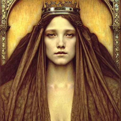 Image similar to detailed realistic beautiful young medieval queen face portrait by jean delville, gustave dore and marco mazzoni, art nouveau, symbolist, visionary, gothic, pre - raphaelite. horizontal symmetry