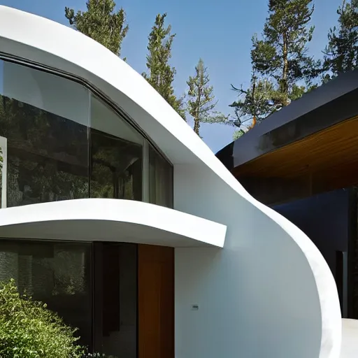 Image similar to This new and unique house exterior is inspired by the majestic, soaring form of an eagle in flight. The front façade features several large windows arranged in a sweeping curve. photo.