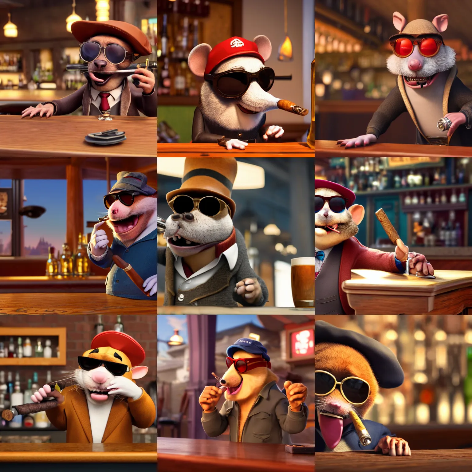 Prompt: a still of an anthropomorphic gangster rat with a large cigar in its mouth, wearing sunglasses and a cap, long fur, sitting at a bar in a DIsney Pixar movie, 35mm f2.8, 4k, artstation, PBR materials, Pixar renderman render
