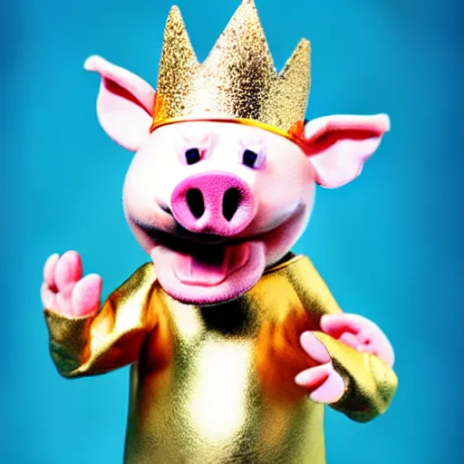 Image similar to !dream studio photograph of a pig wearing a gold crown eating bacon depicted as a muppet