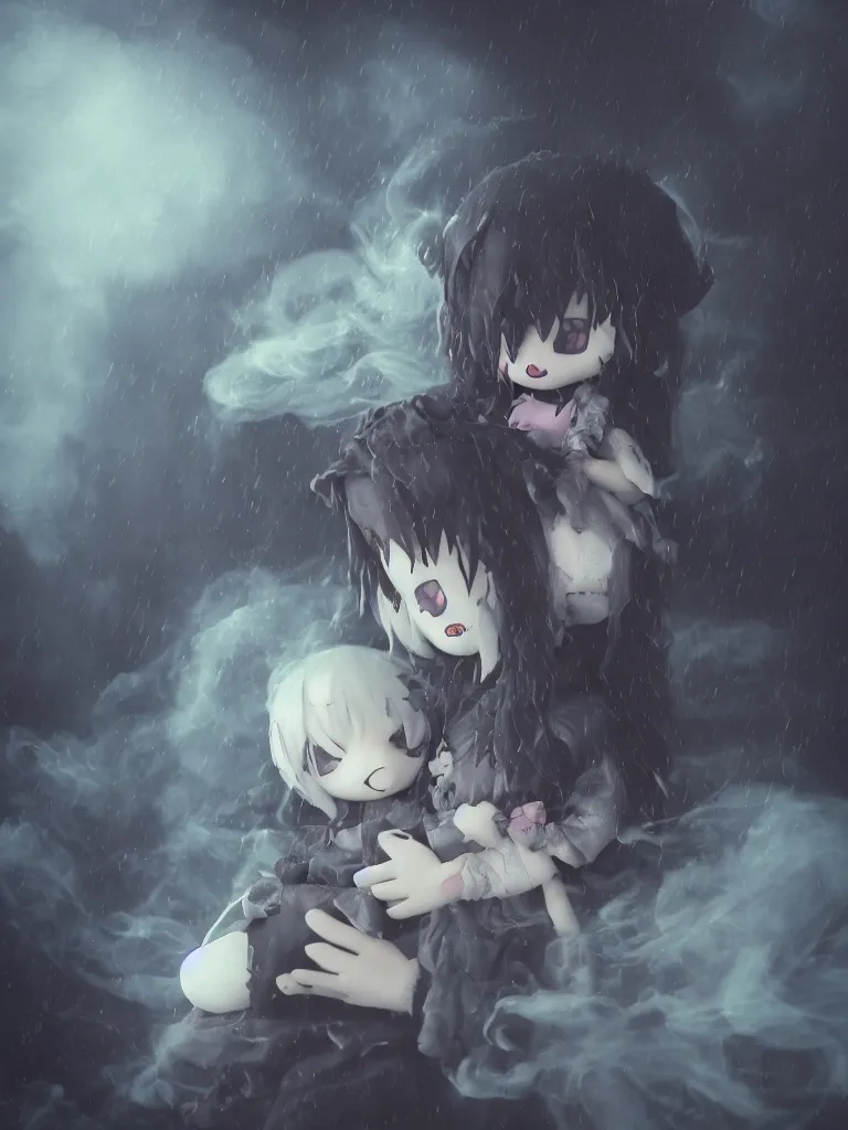 Prompt: cute fumo plush of a cursed frail witch girl held tight in the arms of a ghost mother, hugging and cradling, anime, melting volumetric smoke and fog, environment map pbr reflective stormy water, gothic maiden, bokeh, vignette, vray