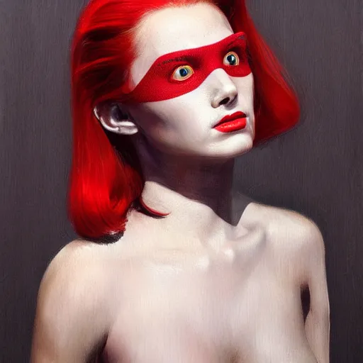 Image similar to A masterpiece portrait of a Female version of Patric Bateman from American Psycho. Red drops on face. medium shot, intricate, elegant, highly detailed. trending on artstation, digital art, by Stanley Artgerm Lau, WLOP, Rossdraws, James Jean, Andrei Riabovitchev, Marc Simonetti, Yoshitaka Amano