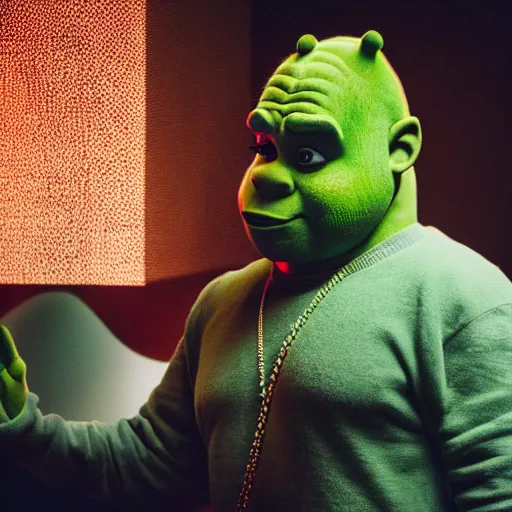 Image similar to Kanye dressed as Shrek, XF IQ4, 150MP, 50mm, F1.4, ISO 200, 1/160s, natural light