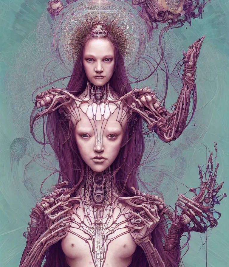 Image similar to fully symmetrical centered portrait of a beautiful princess in robe. artificial muscles, ribcage, bones, hard surface modelling. cyberpunk look. biomechanical mask. bio luminescent biomechanical halo around head. jellyfish. artwork by jarold Sng by artgerm, by Eddie Mendoza, by Peter mohrbacher by tooth wu by alfons mucha, unreal engine, octane render, cinematic light, iridescent details, iridescent colors, dichroic, macro, depth of field, blur