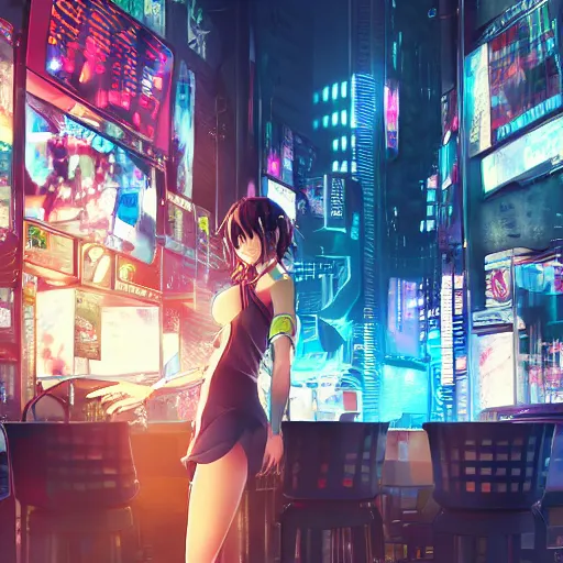 Image similar to Cinematography, anime girl in a bar, cyberpunk city, hyper detailed, 4k