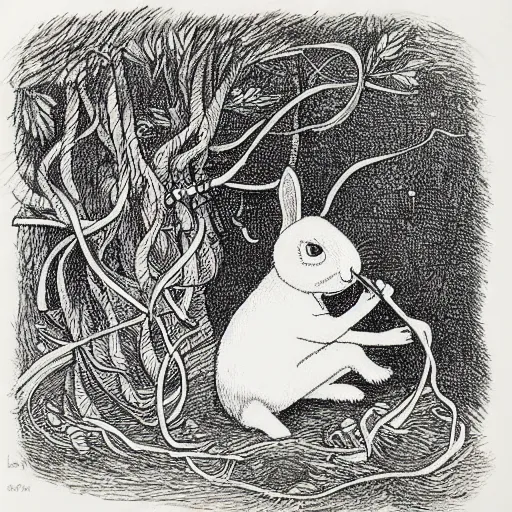 Image similar to precisely drawn, fine detailed, intense line work, drawing of a white bunny smoking a big cigarette in the deep tangled forest, by edward gorey, by gustav dore, black ink on white paper