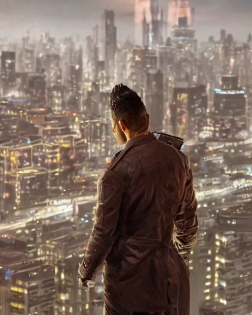 Prompt: a night rooftop scene, close up shot of a photorealistic gangster wearing a trench coat looking at the city below, unreal engine, hyper realism, realistic shading, cinematic composition, realistic render