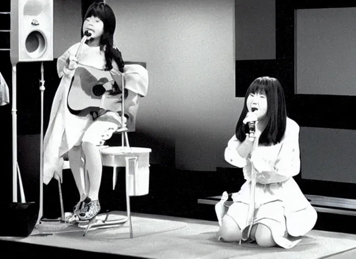 Prompt: Japanese funny TV show. VHS footage. A cute girl singing on small stage in the TV studio.