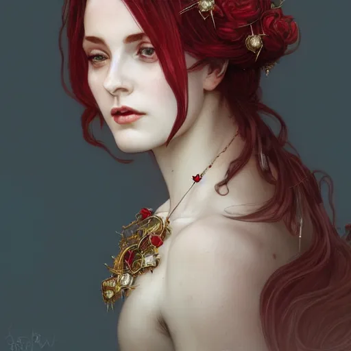 Prompt: portrait of beautiful vampire, rose thorn crown, thorns everywhere, headshot, pale skin, 4k, rule of thirds, extreme detail, detailed drawing, trending artstation, hd, fantasy, D&D, realistic lighting, by Alphonse Mucha, Greg Rutkowski, sharp focus, backlit, bright red hair, necklace, jewelry