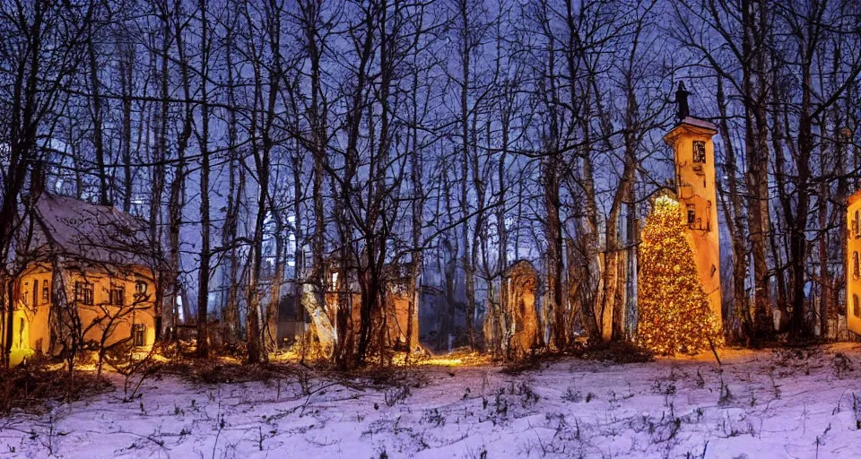 Image similar to an eerie abandoned village in the black forest at midnight illuminated by christmas lights