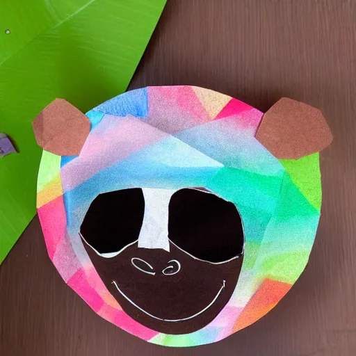 Prompt: home made paper mask of an sloth used in an kindergarden workshop concept art model colorful