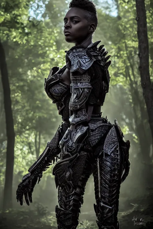Image similar to hyperrealistic long shot mithra gorgeous black woman intricate exoskeleton bone armor in a forest sun behind her concept art eric zener elson peter cinematic light low angle hd 8k sharp rack focus