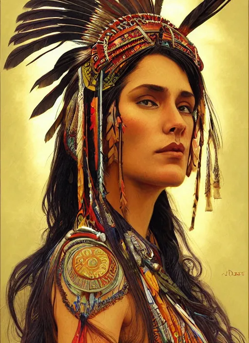 Image similar to beautiful native american woman wearing an elaborate headdress, intricate, elegant, highly detailed, centered, digital painting, artstation, concept art, smooth, sharp focus, illustration, art by android jones and donato giancola and alphonse mucha