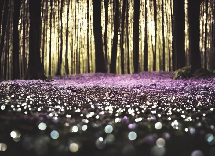 Image similar to a magical forest with crystal flowers that glow in the dusk, close up, bokeh,