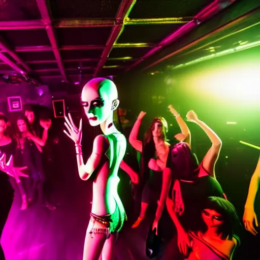 Prompt: an award winning 4 k digital photograph of a skinny cute goth girl at a night club dancing with a room full of mannequins, neon spotlights, canon 3 5 mm wide view lens viewpoint