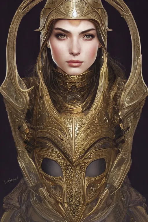 Image similar to attractive young female wearing an ornate metallic helmet, clothed in battle armor, olive skin, long dark hair, beautiful bone structure, symmetrical facial features, intricate, elegant, highly detailed, digital painting, trending on Artstation, concept art, smooth, sharp focus, illustration, art by artgerm and greg rutkowski and alphonse mucha