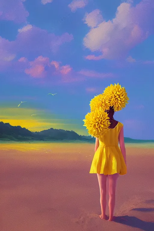 Image similar to closeup girl with huge yellow dahlia flower head, on beach, surreal photography, blue sky, sunrise, dramatic light, impressionist painting, digital painting, artstation, simon stalenhag