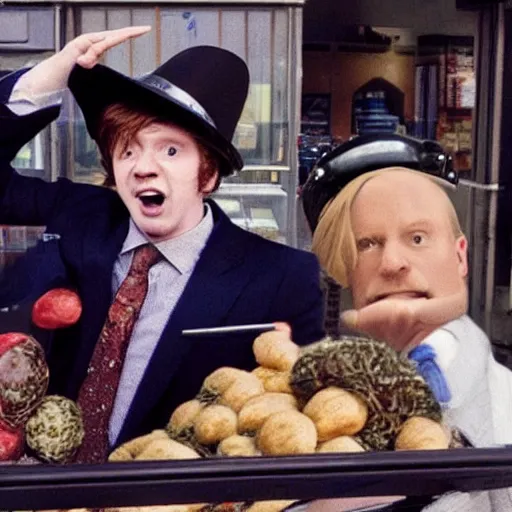 Prompt: a photo of ron weasly robbing a Tesco