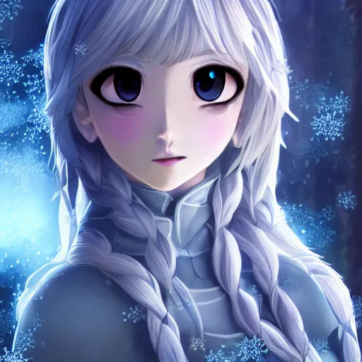 Image similar to portrait focus of knight beautiful 3D anime girl, Frozen ice armor wearing, dark forest background, snowing, bokeh, inspired by Masami Kurumada, digital painting, high contrast, unreal engine render, volumetric lighting, high détail