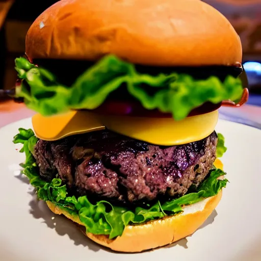 Image similar to very stacked burger, award winning photo, food photography, golden hour, holy