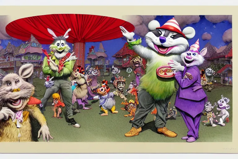 Image similar to a hyperrealist watercolour character concept art portrait of chuck e. cheese and showbiz pizza place. birthday party apocalypse. by rebecca guay, michael kaluta, charles vess and jean moebius giraud