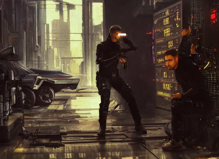 Image similar to sophia evades sgt Griggs. Cyberpunk hacker wearing jumpsuit escaping Cyberpunk police troopers (blade runner 2049). Iranian orientalist portrait by john william waterhouse and Edwin Longsden Long and Theodore Ralli and Nasreddine Dinet, oil on canvas. Cinematic, hyper realistic, Dramatic lighting.