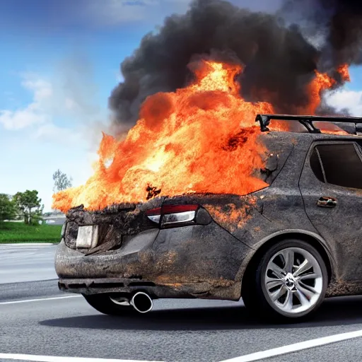 Image similar to Car on fire, on its roof, photo realistic, award winning