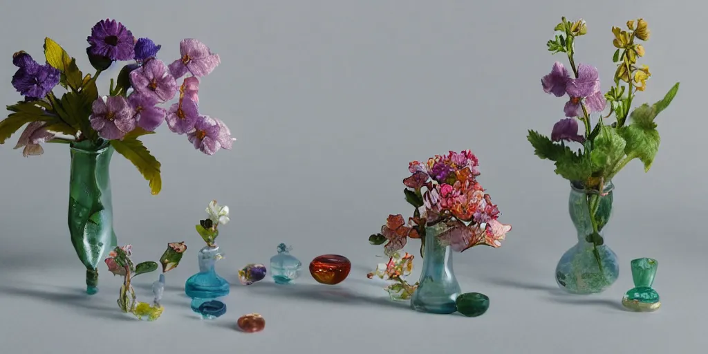 Prompt: i dream of a vase flowers, modern, studio, miniature models made of glass, studio light