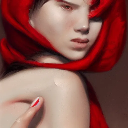 Image similar to human female portrait, red scarf, hatched ear, golden earring, white background, by horace hsu, tony sart, miles johnston, highly detailed, digital illustration, concept art, trending on artstation