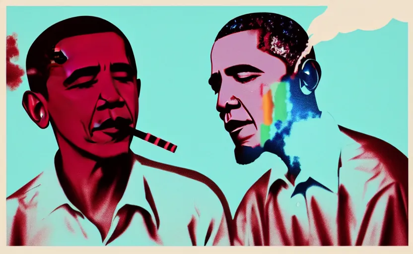 Image similar to Obama and Jesus vaping by Beeple and Andy Warhol; 4K; 8K