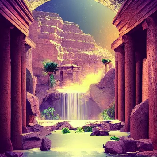 Image similar to ancient egypts interior with waterfalls, digital art, retrowave