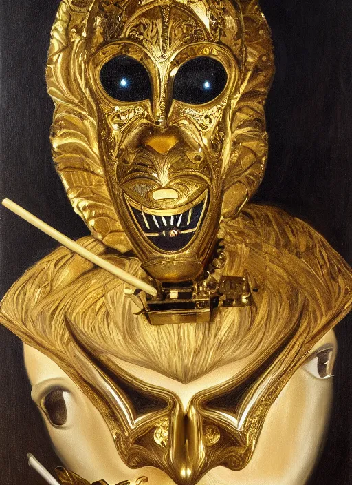 Image similar to highly detailed oil painting | very intricate | cinematic lighting | black, white and gold color scheme, dark background | the tiki mask by alexander mcqueen | by roberto ferri, by gustav moreau, by singer sargent and klimt, american romanticism, occult art | by austin osman spare, artstation, cgsociety, official art, octane