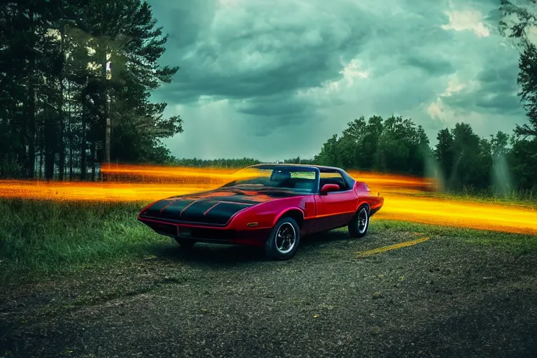 Prompt: pontiac firebird with glowing paint, sunrise, eerie light, fireflies, dog watching the car, dramatic, cinematic, forest, horror, sunbeams, volumetric lighting, wide shot, low angle, lightning storm hitting the car