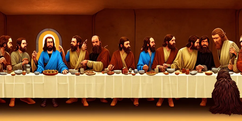 Image similar to star wars last supper by wes anderson, digital painting, trending on artstation, sharp focus, 4 k