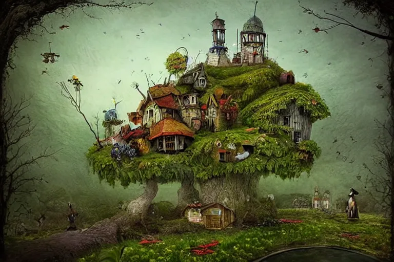 Prompt: 🐝🐞🌳🌻 lowbrow, matte painting, 3 - d, highly detailed, in the style of alexander jansson,