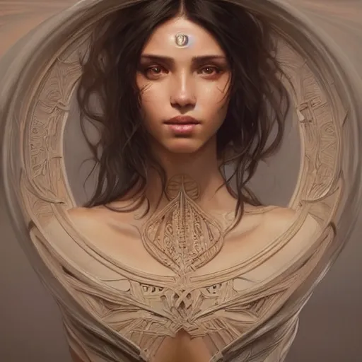 Image similar to Instagram Model, olive skin, long dark hair, beautiful bone structure, intricate, elegant, highly detailed, digital painting, artstation, concept art, smooth, sharp focus, illustration, art by artgerm and greg rutkowski and alphonse mucha