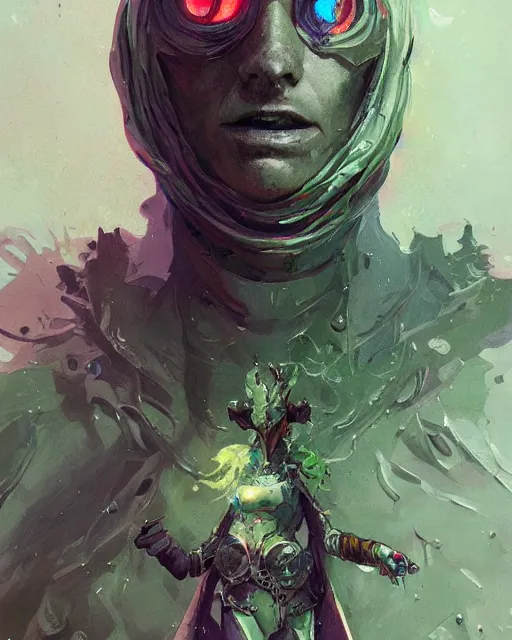 Prompt: character design, cyborg spellcaster, green robes, pen and ink, oil painting, colorful, style by ian mcque, craig mullins, emil melmoth, + in style of charlie bowater, peter mohrbacher, marc simonetti, trending on artstation cgsociety, cinematic 8 k